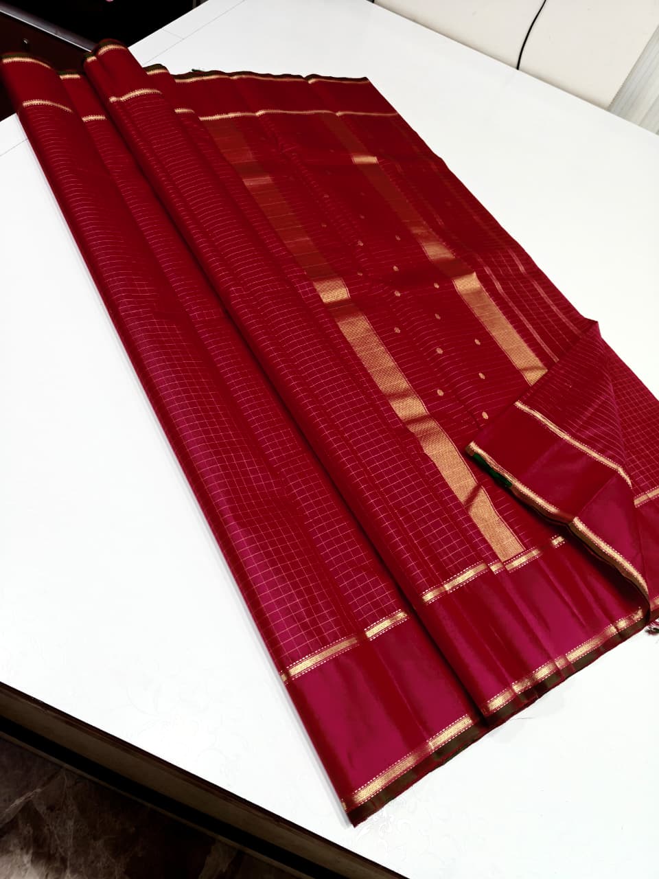 Kanjivaram Silk Red Checked Saree with Gold Zari Border Silk Saree